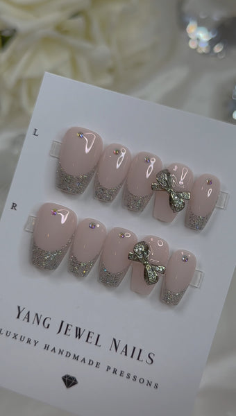 Glitter French Tip With Bow Small (RTS)